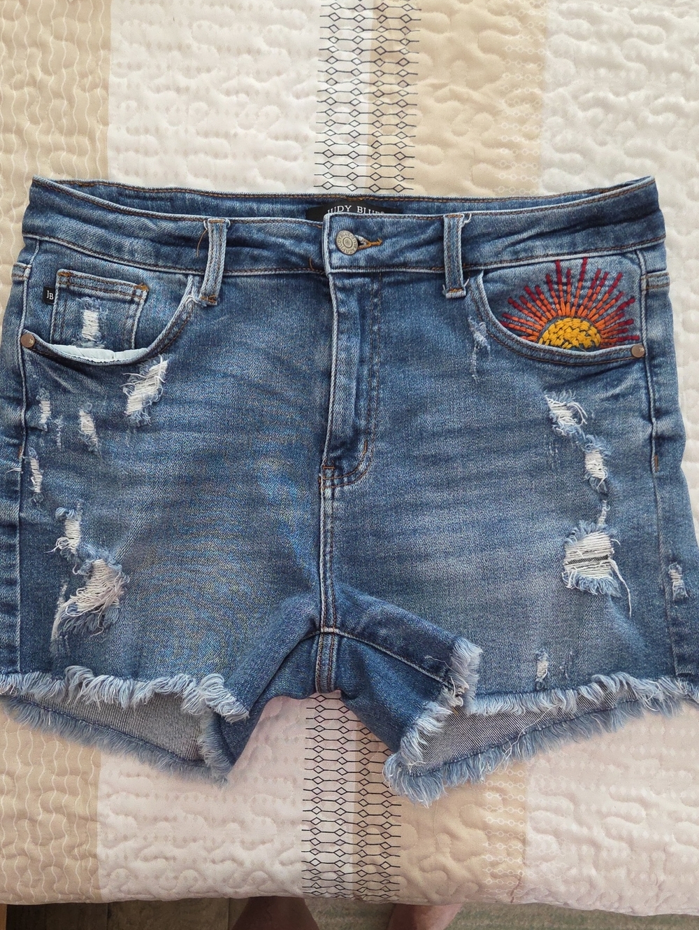 Judy Blue Distressed Denim Shorts with Sunburst Pocket Embroidery